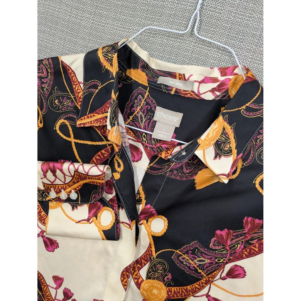 Chicos Shirt Womens 1 Multicolor Paisley No Iron Button Up Long Sleeve Cotton